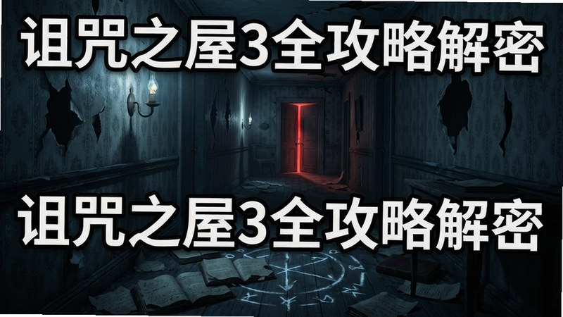 诅咒之屋3游戏场景图,阴森古宅走廊,破损的墙纸,昏暗灯光,地上散落着日记残页和神秘符号,画面笼罩着蓝灰色调,远处门缝透出诡异红光,配有“诅咒之屋3全攻略解密”文字
