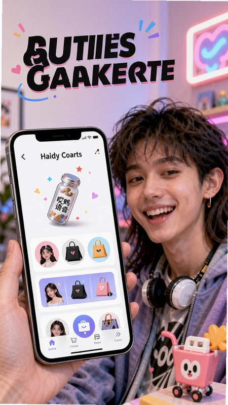 哎鸭语音手机界面展示,年轻人使用哎鸭语音进行语音社交和积分兑换创意商品的场景,界面包含漂流瓶和创意商城入口,整体风格年轻时尚充满活力