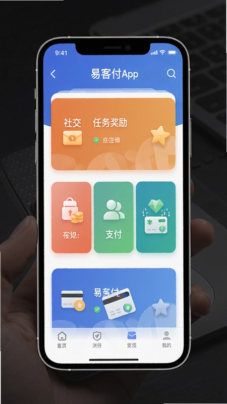 易客付APP主界面,展示“社交、任务奖励、支付”三大核心板块