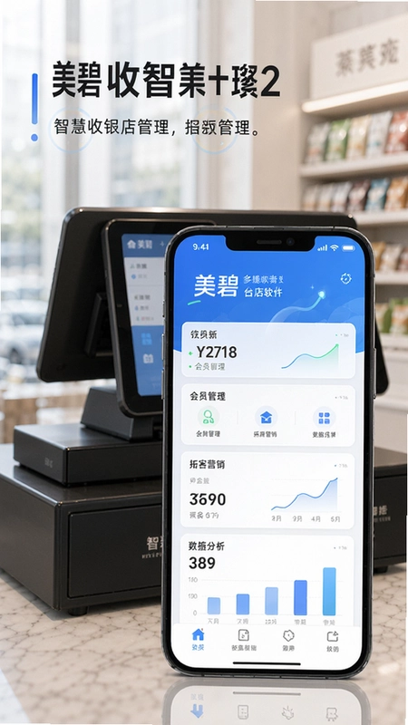 美碧收银台软件界面,展示手机端收银、会员管理、拓客营销、数据分析功能,体现智慧门店管理