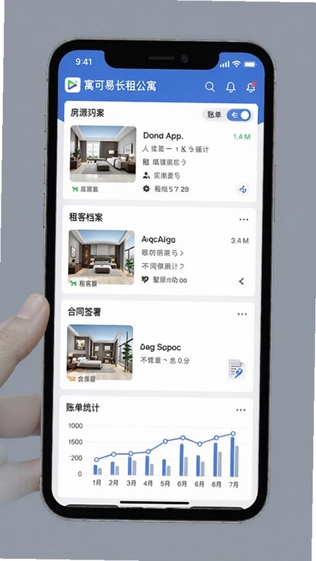 寓可易长租公寓智能管理应用界面,包含房源列表、租客档案、合同签署和账单统计等核心模块示意图