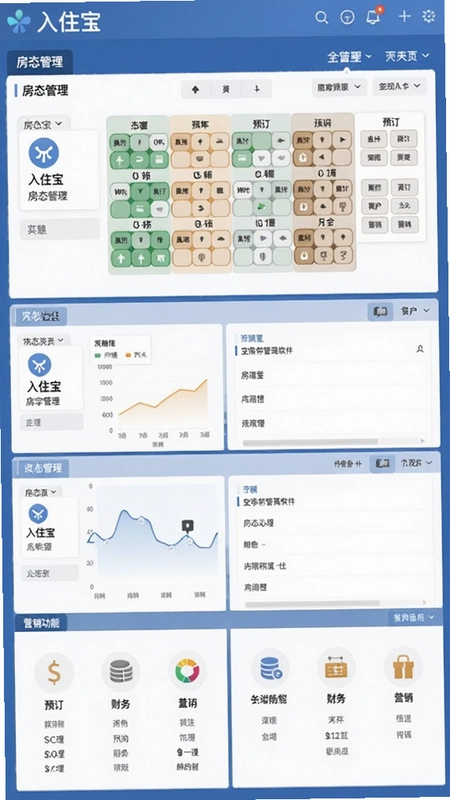 入住宝数字化管理软件界面截图,包含房态管理、预订、财务和营销功能展示,文字标识“入住宝”