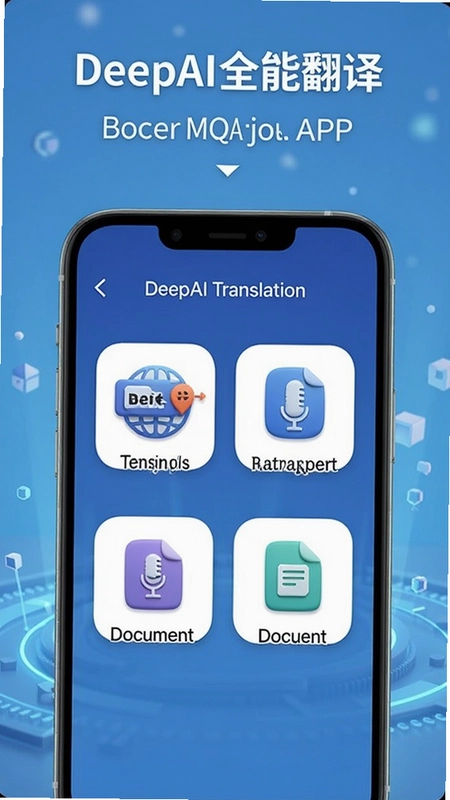 一张展示“DeepAI全能翻译”APP主界面的高清宣传图,包含文本翻译、语音翻译和文档翻译等核心功能图标,背景为科技蓝