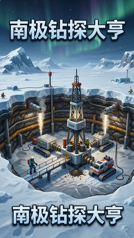 南极钻探大亨游戏主界面,展示冰雪覆盖的南极地表与正在运作的地下钻探基地,画面精美细腻,带有