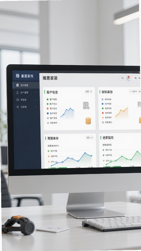 臻惠家装软件界面展示,包含项目管理、客户信息、材料库存、预算报价、进度监控等功能模块,整体设计简洁专业,体现装修行业数字化转型。