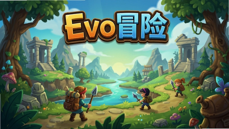 Evo冒险游戏主界面,包含“Evo冒险”标题文字,精美场景