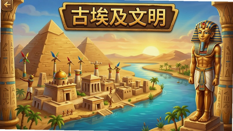 古埃及文明游戏主界面,金字塔与尼罗河背景,建造中的城市与法老雕像,文字标注“古埃及文明”