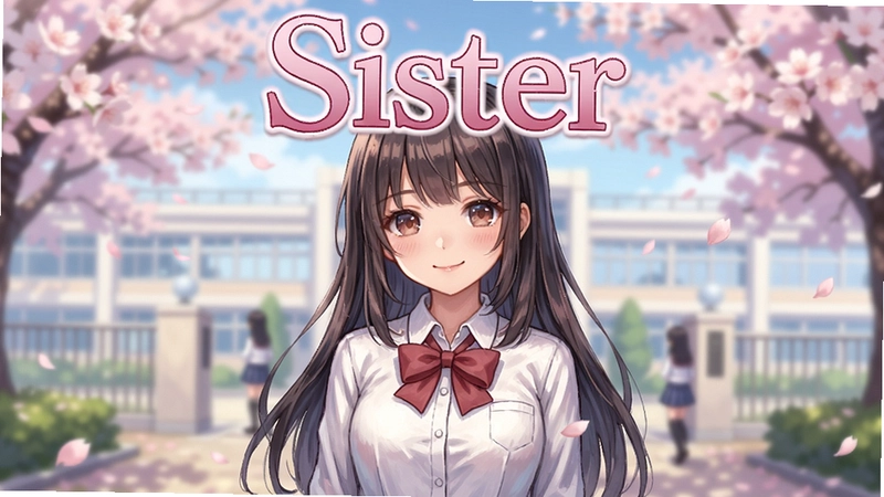 高清二次元美少女游戏Sister电脑版封面图,画面中央为身着校服的可爱妹妹角色,背景为樱花飘落的校园,“Sister”艺术字标题醒目,色彩明亮柔和