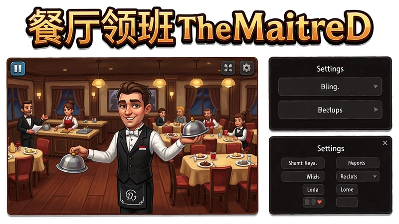 餐厅领班TheMaitreD游戏主界面、经营场景、设置菜单与快捷键布局的综合示意图,突出“餐厅领班TheMaitreD”标题艺术字