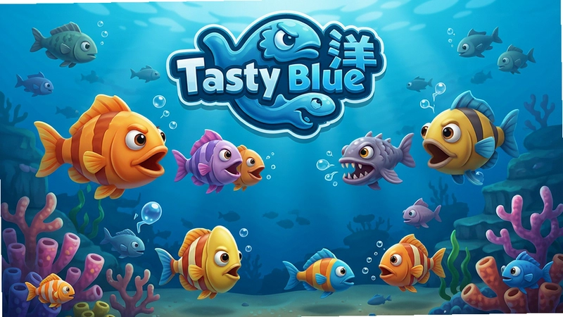 生成一张展现“美味海洋Tasty Blue”游戏特色的宣传图,包含多种鱼类吞噬海洋生物的场景和游戏LOGO