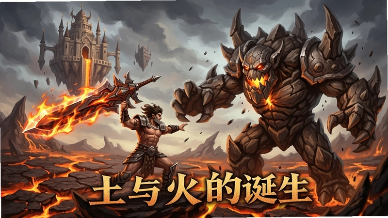 “世界传奇8:土与火的诞生”主视觉图,勇士手擎烈焰巨剑与大地魔像激战,背景是开裂的熔岩大地和浮空神殿,文字标注“土与火的诞生”