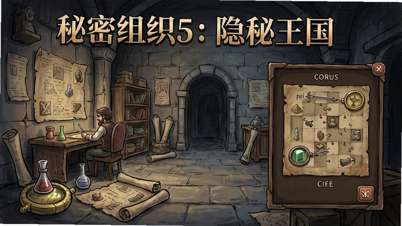 秘密组织5:隐秘王国游戏场景,精美手绘风格,隐藏物品与解谜界面,图中包含“秘密组织5:隐秘王国”标题