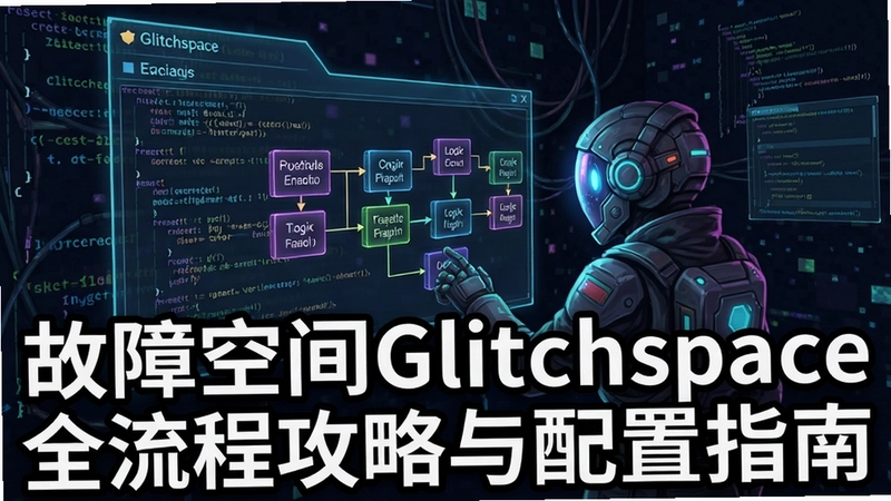 故障空间Glitchspace的游戏画面,科幻风格编程解谜,角色在代码空间中修改逻辑块,文字“故障空间Glitchspace全流程攻略与配置指南”