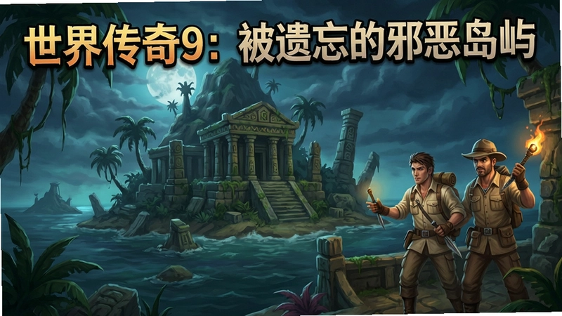 世界传奇9:被遗忘的邪恶岛屿游戏宣传图,包含“世界传奇9:被遗忘的邪恶岛屿”标题,神秘岛屿、古老神庙和探险角色