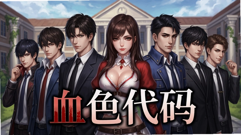 血色代码电脑版游戏宣传图,女主角与六位男主角的集体立绘,学院背景,文字“血色代码”