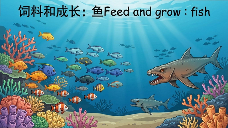 “饲料和成长:鱼Feed and grow :fish”海洋生态与鱼类进化过程,包含珊瑚礁、鱼群和掠食场景的生动插图