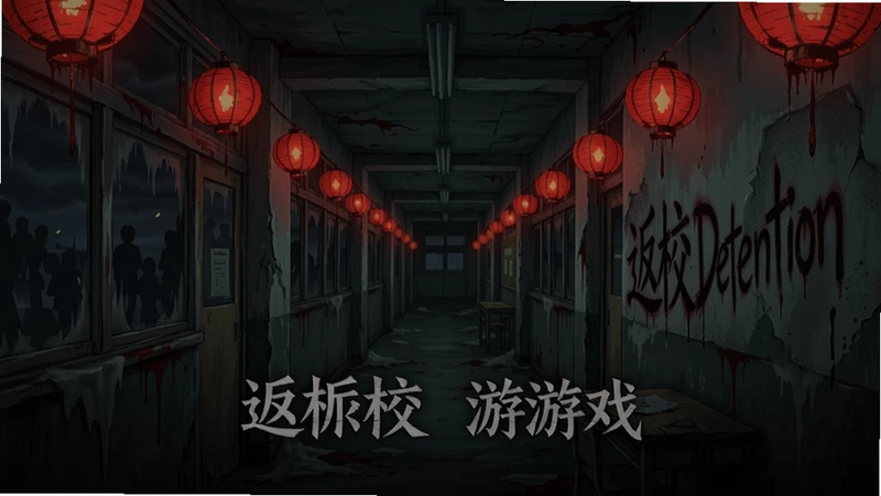 返校Detention游戏宣传主视觉图,深夜的台湾校园走廊悬挂红色灯笼,墙壁上涂写着“返校Detention”标题文字,阴森压抑的恐怖氛围