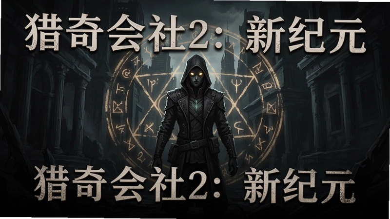 猎奇会社2:新纪元游戏主视觉图,黑暗风格与神秘符号,文字“猎奇会社2:新纪元”