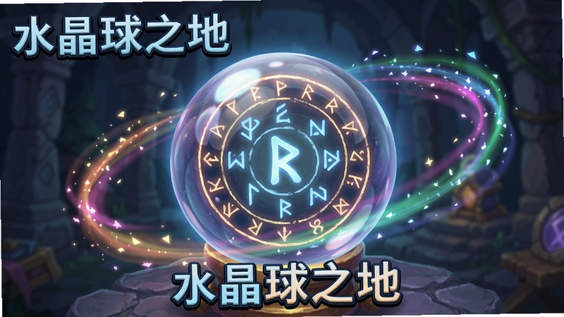 生成一幅展现魔法水晶球发光场景的游戏画面,水晶球内部浮现神秘符号,周围环绕五彩光效,突出奇幻风格,标题文字“水晶球之地”