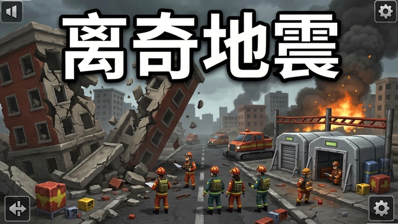 一幅展示离奇地震电脑版核心玩法的游戏截图,画面包含倒塌建筑、救援队和抗震设施,标题“离奇地震”醒目可见,表现灾难管理模拟氛围