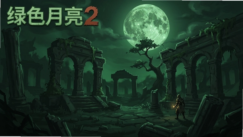 一幅绿色月亮2的游戏场景概念图,月光下的神秘遗迹,带有“绿色月亮2”标题文字