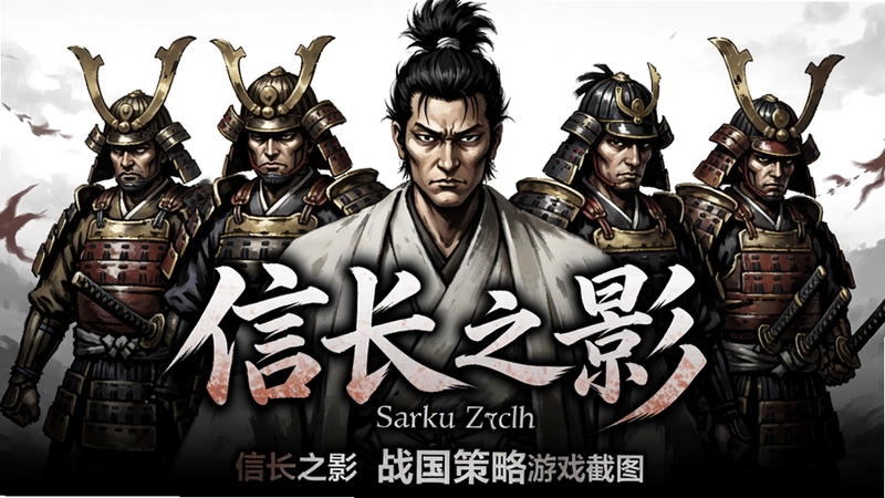 信长之影游戏主视觉海报,包含织田信长与战国武将,注明“信长之影 战国策略 游戏截图”