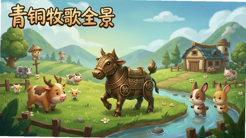 一幅展现青铜牧歌田园风光和可爱动物角色的游戏画面,包含文字“青铜牧歌全景”