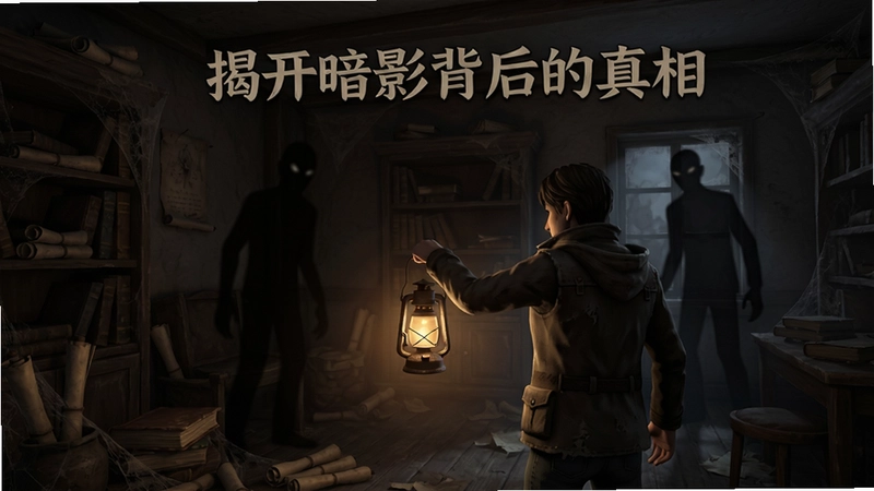 隐秘传说3:暗影之惧游戏场景,主角提着油灯照亮布满灰尘的古旧书房,暗处有诡异人影,文字“揭开暗影背后的真相”