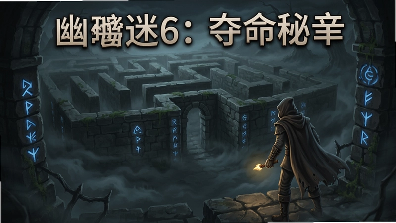 幽暗迷宫6:夺命秘辛游戏主视觉,包含迷雾笼罩的古老迷宫、神秘符号与主角探寻真相的紧张氛围,展现冒险解谜核心主题