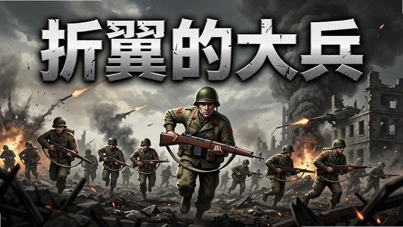 一部展示折翼的大兵游戏宏大战争场景的宣传图,士兵在硝烟中冲锋,配有“折翼的大兵”醒目游戏标题