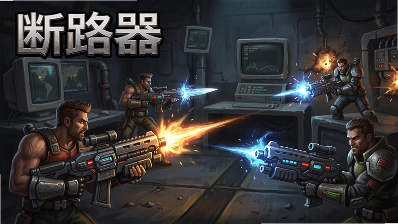 断路器电脑版激战场景,包含“断路器”游戏标题与科幻武器特效