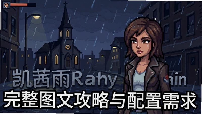 凯茜雨Kathy Rain像素风格游戏截图,女主角凯茜站在雨夜街道,远处有教堂,文字“凯茜雨Kathy Rain完整图文攻略与配置需求”