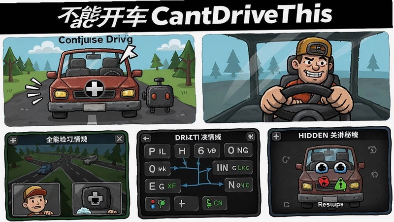 一幅全面展示“不能开车CantDriveThis”游戏核心内容的综合插图,涵盖故障车辆驾驶、幽默界面、配置情报、快捷键布局与隐藏关卡秘籍。
