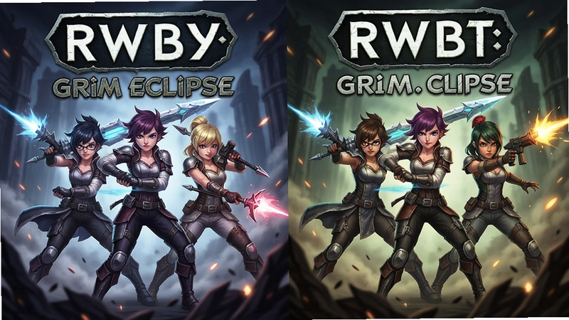 “RWBY: Grim Eclipse游戏封面与战斗场景,展现四人小队协作激战”