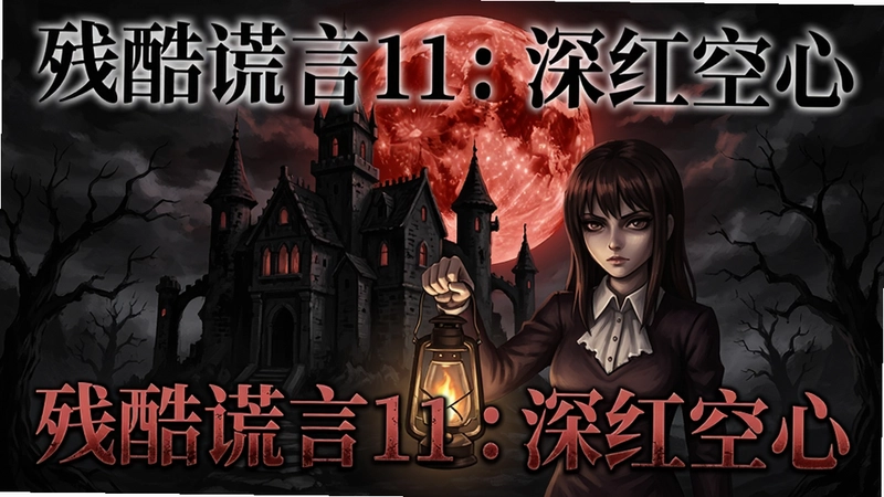 一张“残酷谎言11:深红空心”游戏海报,画面中央是阴森的古堡,女主角手持提灯,背景是血红色月亮,标题文字“残酷谎言11:深红空心”