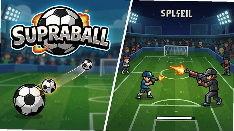 Supraball游戏主界面与比赛场景,包含‘Supraball’文字Logo,展示足球与射击元素结合的画面