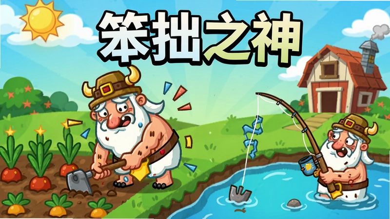 笨拙之神游戏场景,卡通风格的神明笨手笨脚地种田钓鱼,画面缤纷有趣,“笨拙之神”大标题