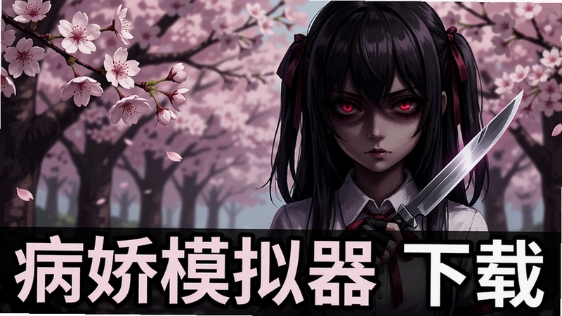 病娇模拟器电脑版宣传图,病娇少女眼神阴暗,手持刀具站在樱花树下,文字“病娇模拟器 下载”