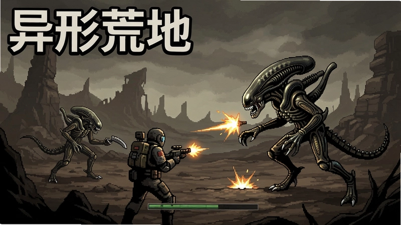 异形荒地游戏战斗场景与异形生物,图上标注“异形荒地”字样
