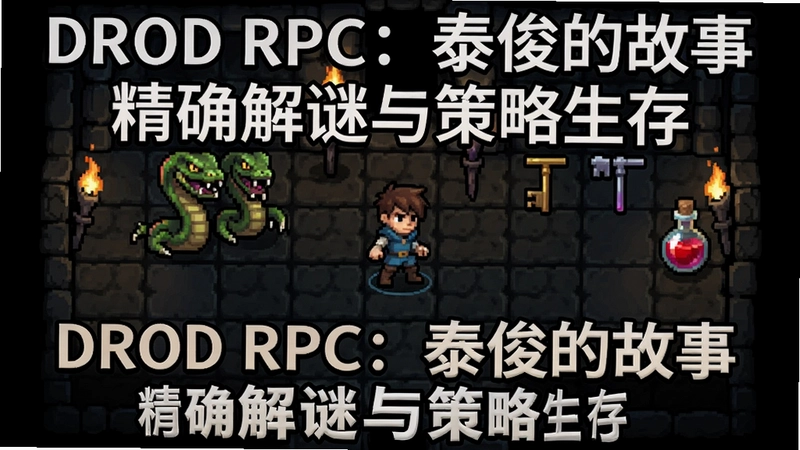 一张展示“DROD RPG:泰俊的故事”游戏界面的高清图片,画面中可见网格地牢、角色泰俊、敌人蛇怪、钥匙与生命药水,整体风格黑暗奇幻,标注“DROD RPG:泰俊的故事 精确解谜与策略生存”