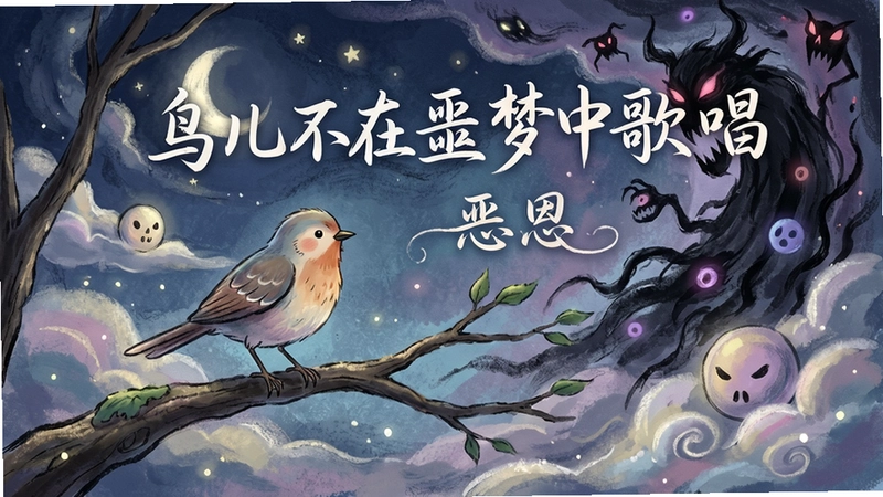 充满诗意的手绘风格游戏主视觉图,一只小鸟站在枝头,背景是梦境与噩梦交织的夜空,“鸟儿不在噩梦中歌唱”字样