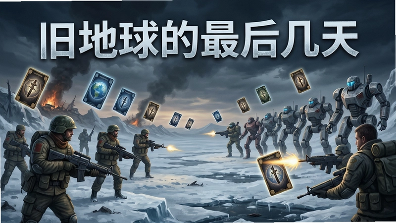 旧地球的最后几天末日冰原战场,人类士兵与机器军团对峙,卡牌元素漂浮,文字“旧地球的最后几天”