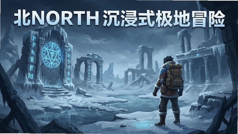 北NORTH游戏场景概念图,冰雪废墟、神秘符号、主角探险,文字“北NORTH沉浸式极地冒险”