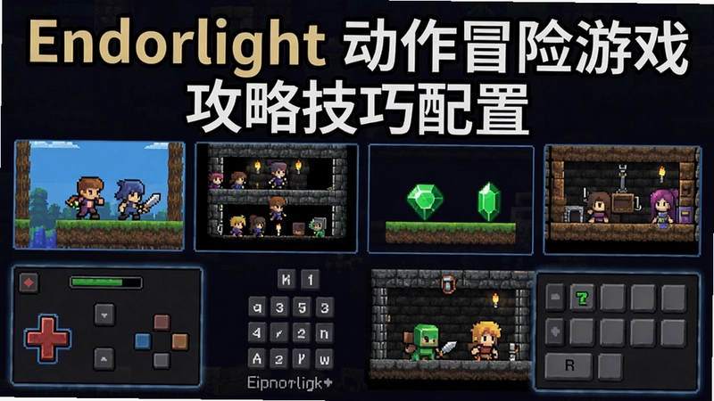 Endorlight游戏全内容展示,包含像素角色冒险、地牢关卡、宝石收集、隐藏房间、操作界面与键盘快捷键,文字“Endorlight 动作冒险游戏 攻略技巧配置”