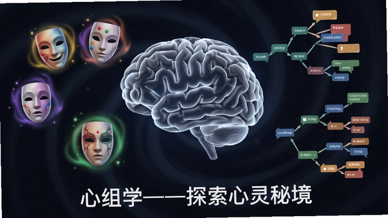 一幅展现心组学游戏核心玩法的宣传图,画面中心是半透明的大脑迷宫,环绕着人格面具、情绪光晕与对话分支树,下方标注“心组学——探索心灵秘境”