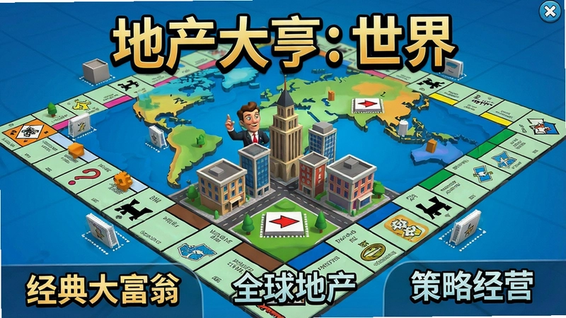 一张展示“地产大亨:世界”游戏主界面的高清图片,包含“地产大亨:世界”标题、三维城市地图、卡通角色形象以及玩法元素,突出“经典大富翁”、“全球地产”、“策略经营”核心卖点