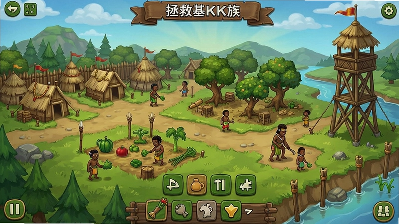拯救基布族全景主界面,包含部落营地、采集场、瞭望塔等建筑,展示经营管理与生存挑战的核心玩法