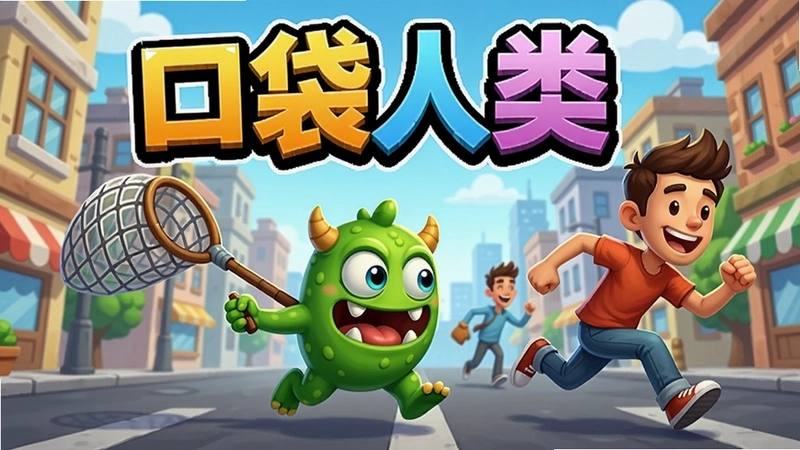 口袋人类游戏封面宣传图,一只绿色小怪物手持网兜在大街上追逐奔跑的人类,画面色彩鲜艳活泼,标题文字“口袋人类”醒目可见