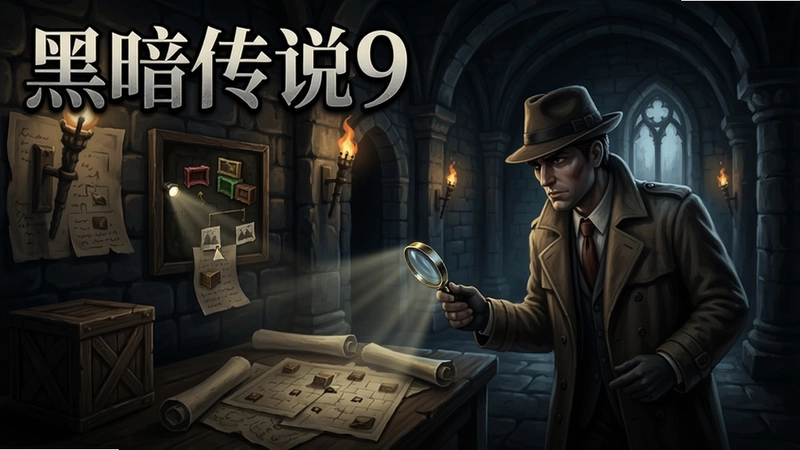 黑暗传说9电脑版游戏场景,侦探在古堡中调查线索,画面包含隐藏物品谜题元素,标题文字“黑暗传说9”