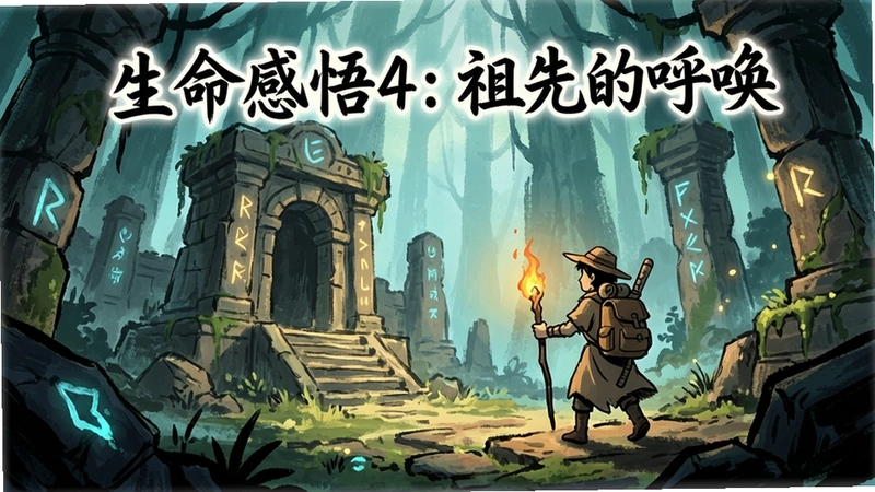 生命感悟4:祖先的呼唤游戏主视觉图,展现手绘风格神秘遗迹和主角探索场景,文字“生命感悟4:祖先的呼唤”